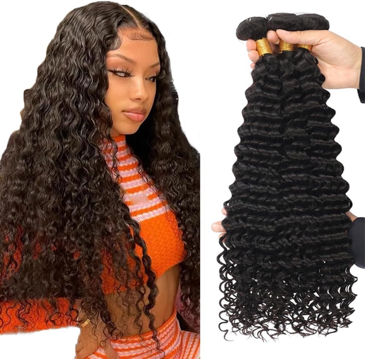 24 26 28 Inch Menselijk haar verlenging Deep Wave Human Hair Bundles #1B Natural Black Color Unprocessed Brazilian Remy Virgin Human Hair Extensions 3 Bundle Total 300g