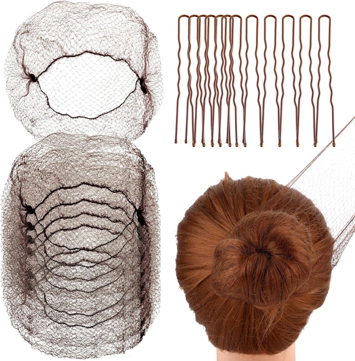 Haarnetten voor broodjes, ballethaarnet, 20 stuks, 50 cm onzichtbare haarnetten en 40 stuks U-vormige haarspeldset voor vrouwen, meisjes, balletdanseres, verpleegster (koffiebruin)