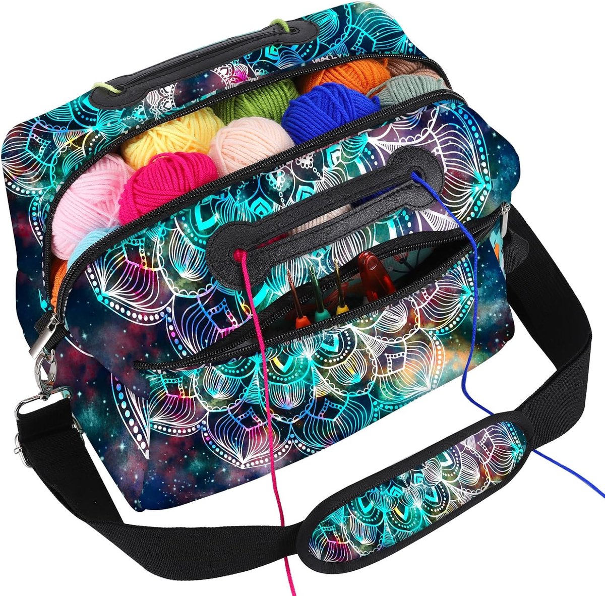 Garenopslag, organizer, garentas en garen, opslag, dode houder voor haken, haakaccessoires met schouderriem, ritssluiting, zakken, breien, opslag (mandala)