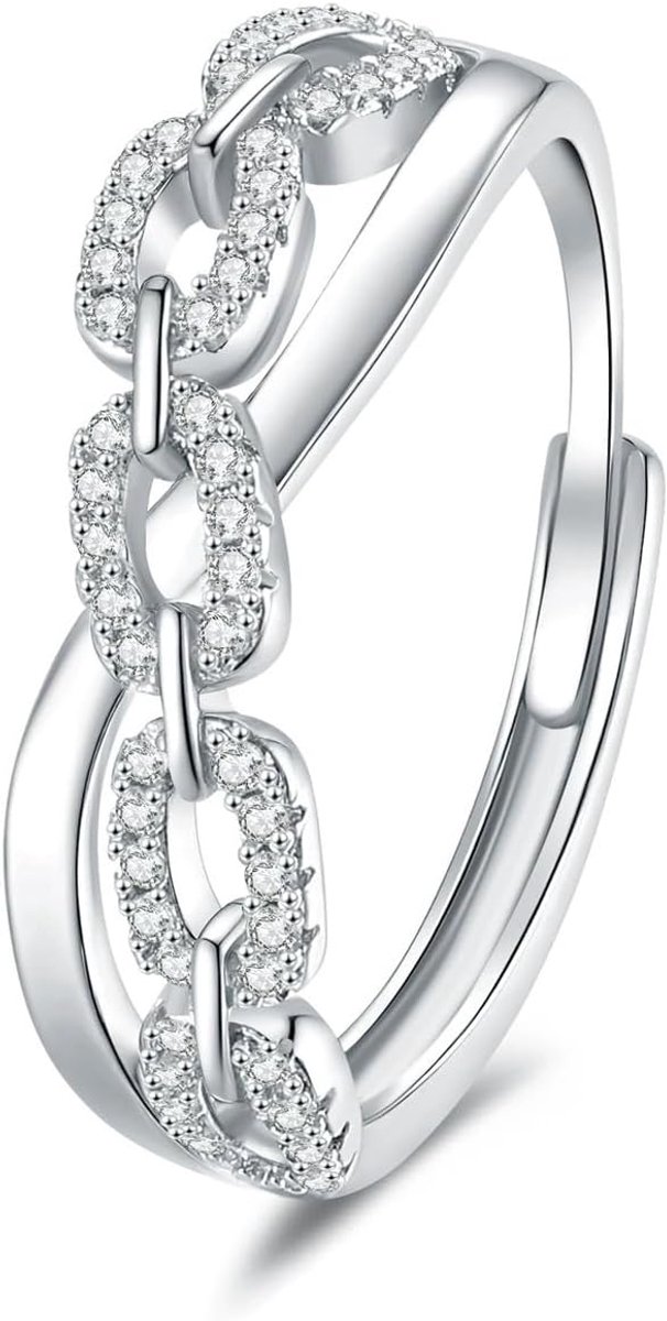 Ringen voor dames, verstelbare roestvrijstalen ringen, vierkant kettingblad met zirkonia, gedraaid touw, verlovingsring, promise ring voor vrouwen, met geschenkdoos