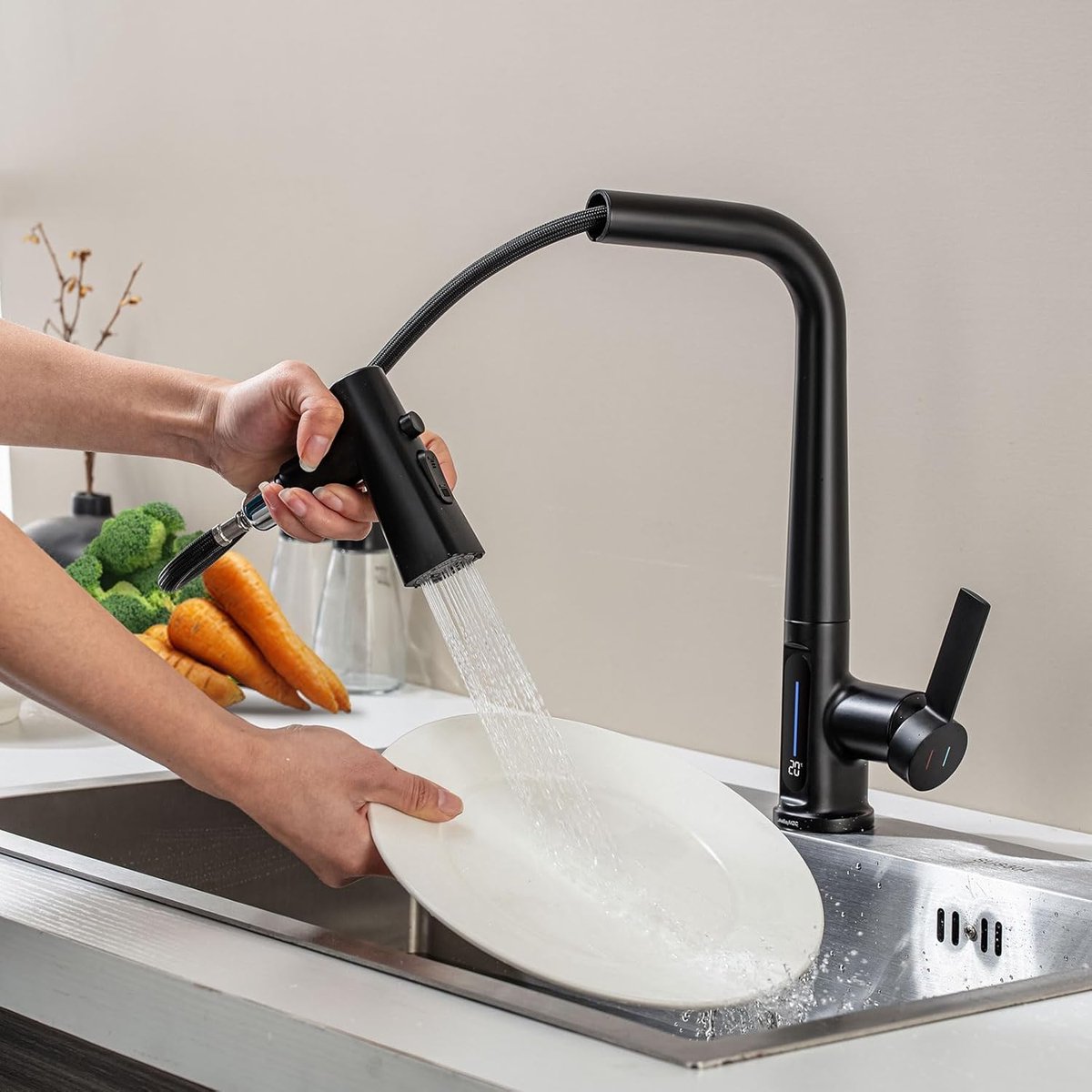 Keuken Waterkraan met Uittrekbare Spuit - 360° Draaiing - LED Temperatuurweergave - Handige Mengkraan voor Keuken - SnelShoppen