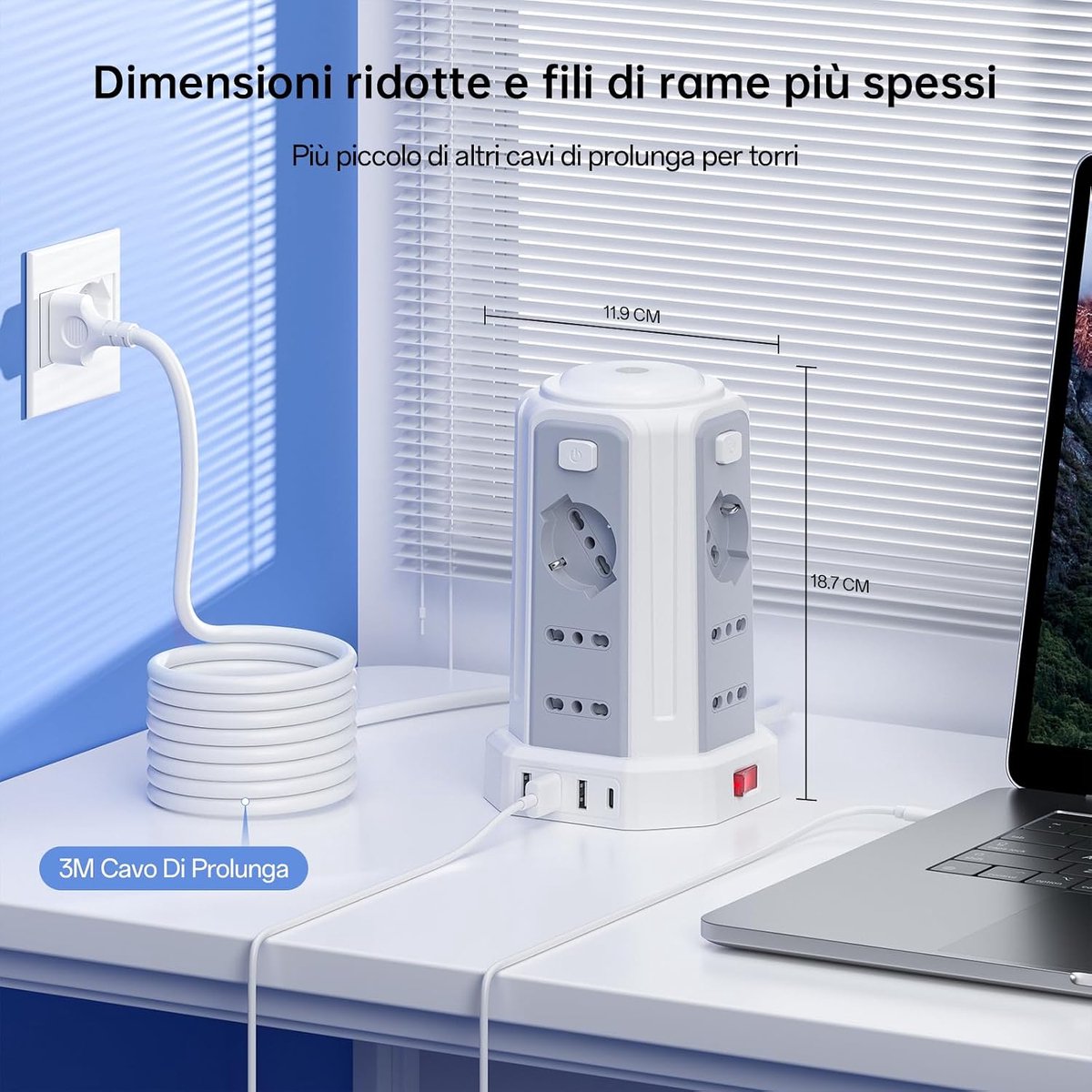 SnelShoppen - 3 m Stekkerdoos met Nachtlampje, 12 Universele Stopcontacten, 10/16 A ITA en Schuko, 3 USB A + 1 USB C, Verlengsnoer met 4 Onafhankelijk
