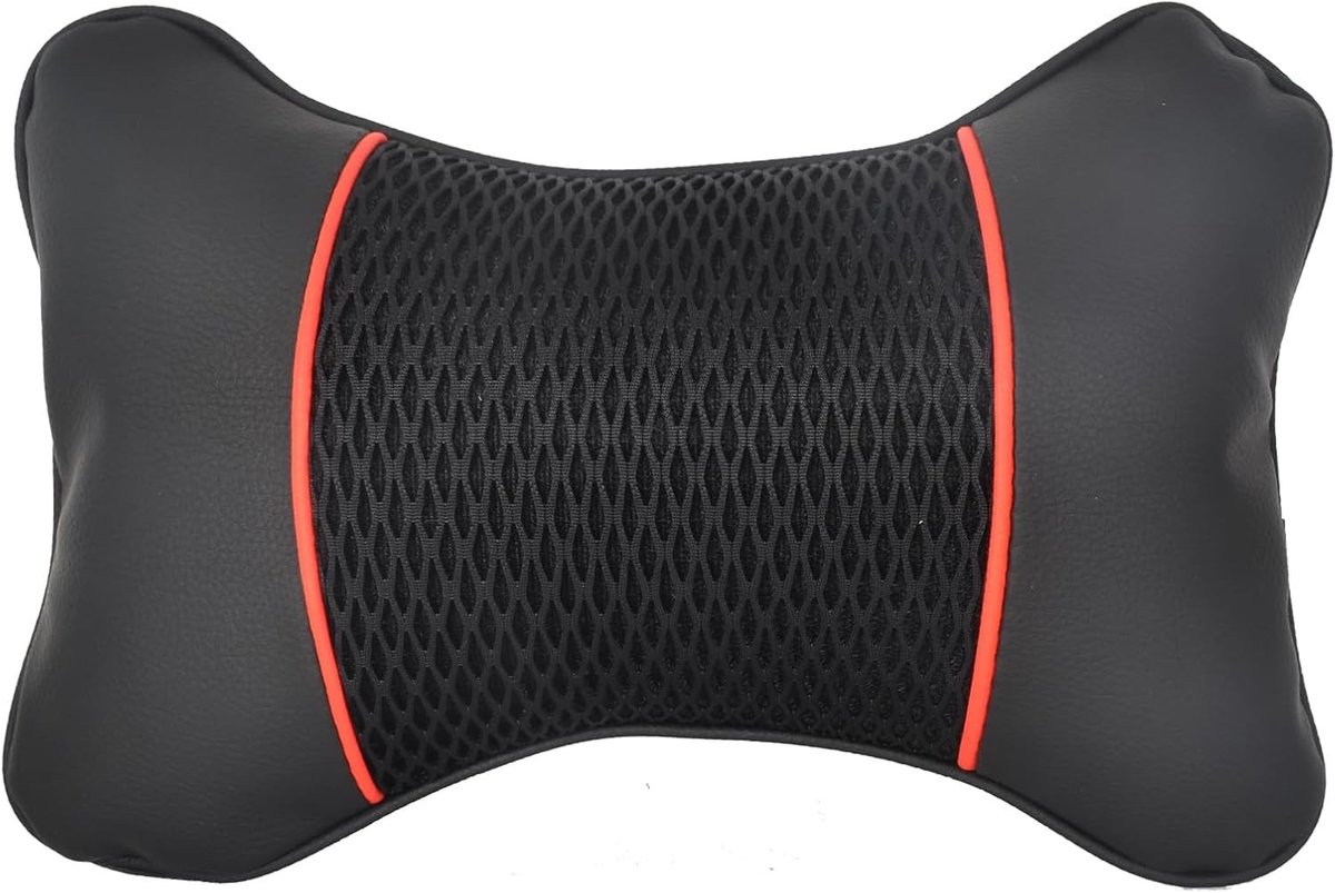 Comfortabele Neksteun voor Auto met PU Leer - Ademend Kussen voor Hoofd en Hals - 28 x 18 cm, Schokabsorberend en Vermoeidheidsverminderend Auto Accessoire in Rood