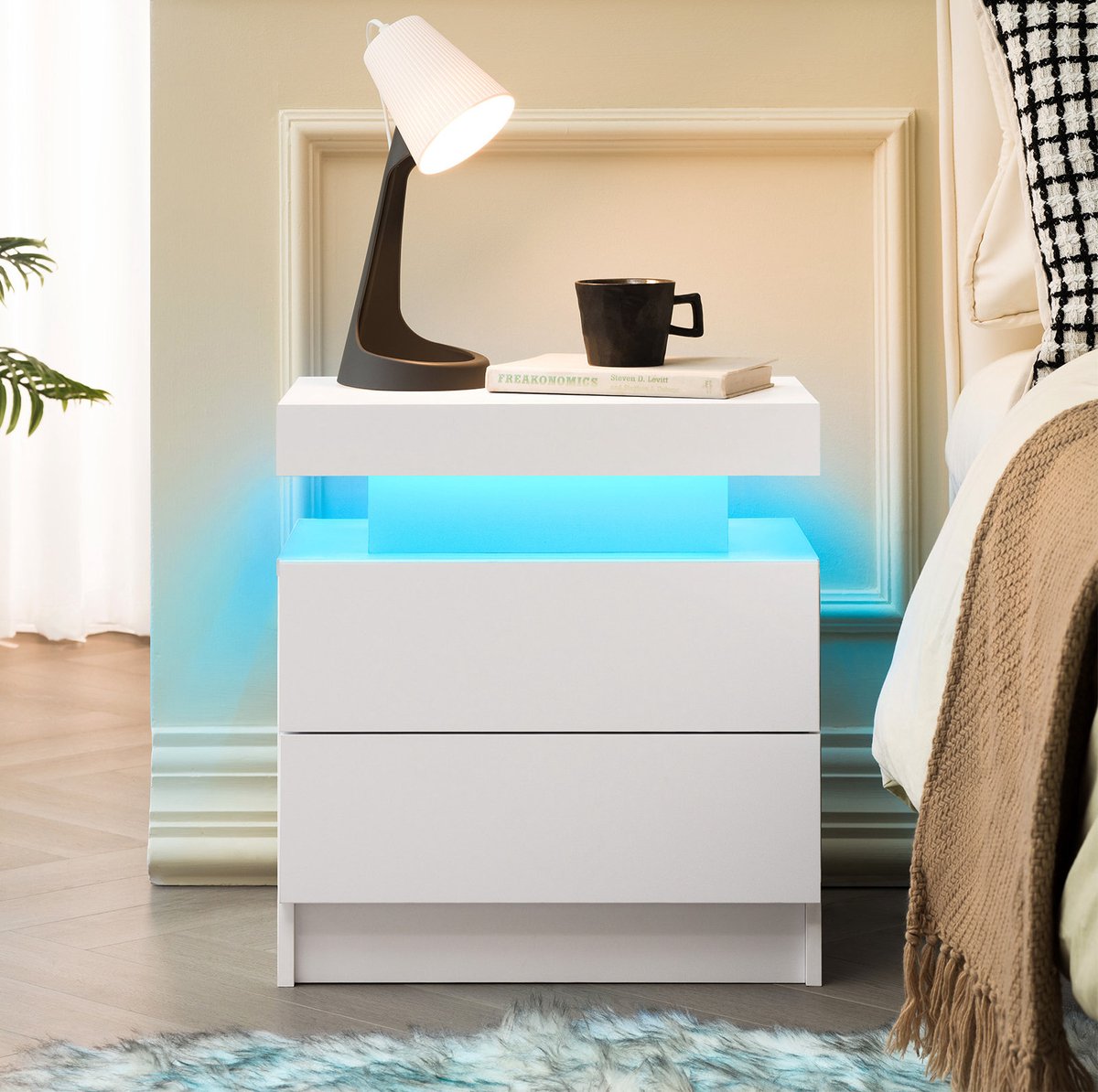 COVREO Nachtkastje 49x34,8x52,1 cm wit, van hout met 2 lades en LED