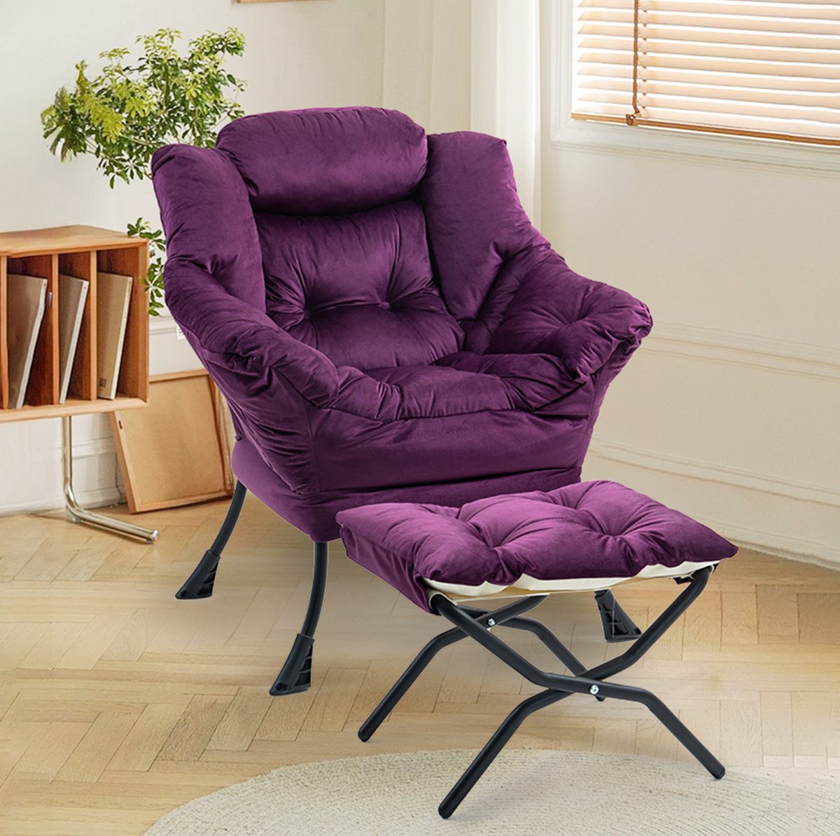 MODENUIT Fauteuil 81 x 95 cm - Met Opvouwbare Hocker - Voor Woonkamer Of Slaapkamer - Velvet Paars