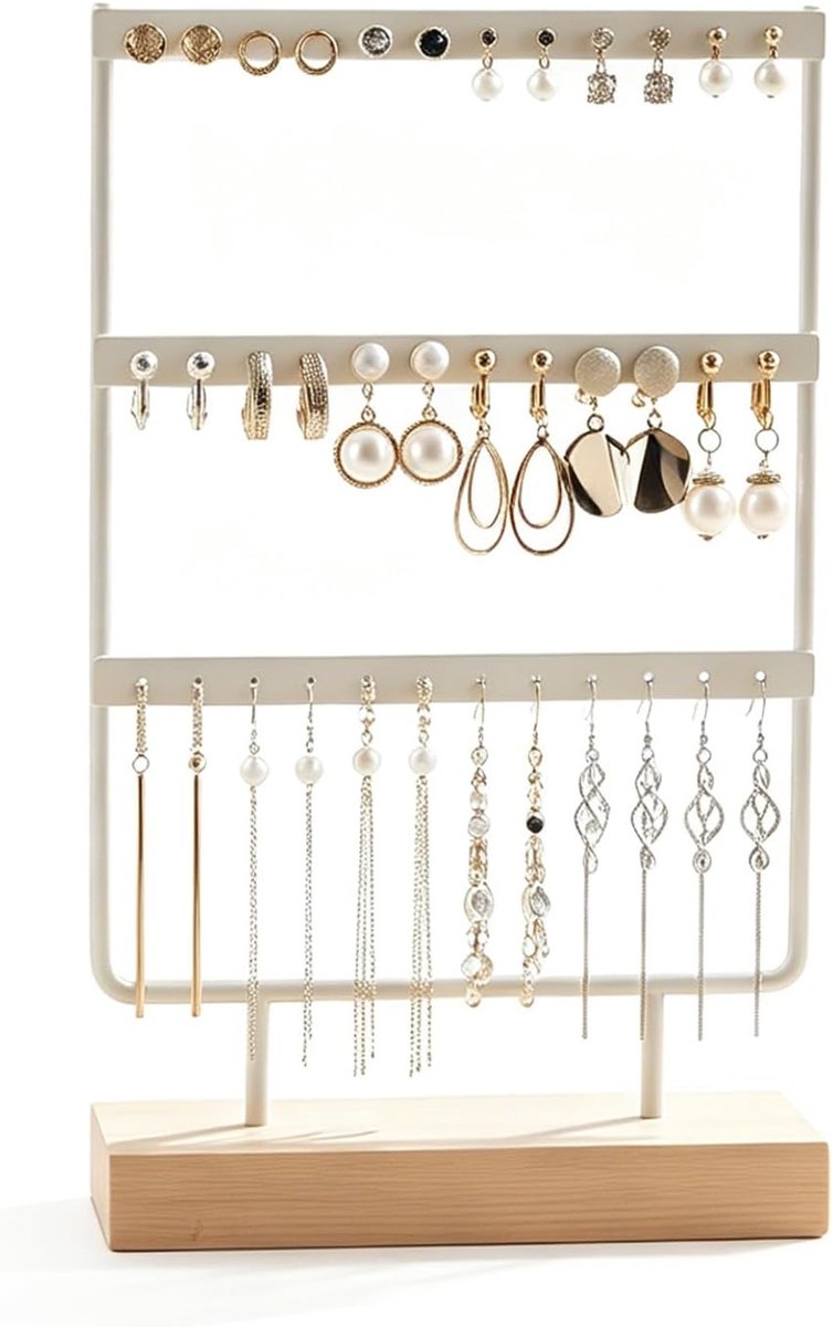 SnelShoppen - 36 Gaten Oorbellenhouder voor Meisjes, Metalen Sieraden en Juweelopslag Display Stand met Houten Basis, 15 x 7 x 26 cm (Wit)