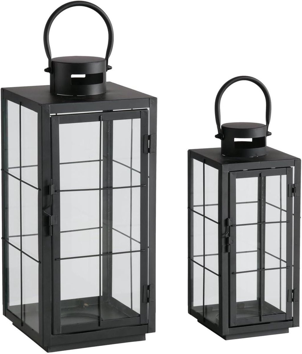 Decoratieve Lantaarns - Kaarsenhouders Set - Woonkamer Decoratie - Set van Twee - 30 & 40 cm - Zwart