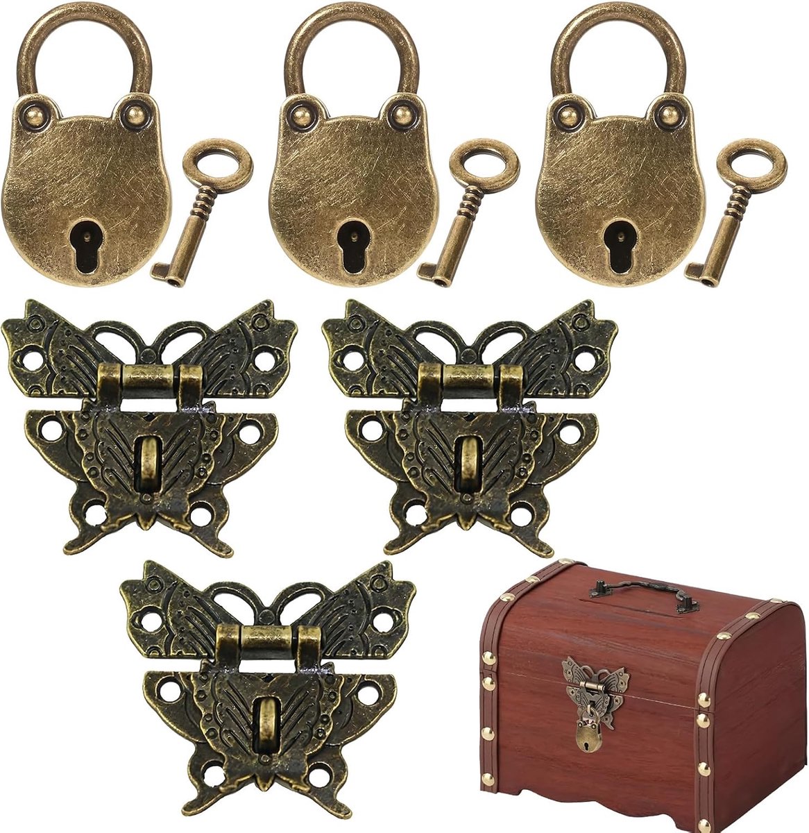 SnelShoppen - 3 Stuks Antieke Vintage Hangsloten, Mini Padlocks in Retro Stijl voor Houten Sieradenbox en Kast met Sleutels en Schroeven