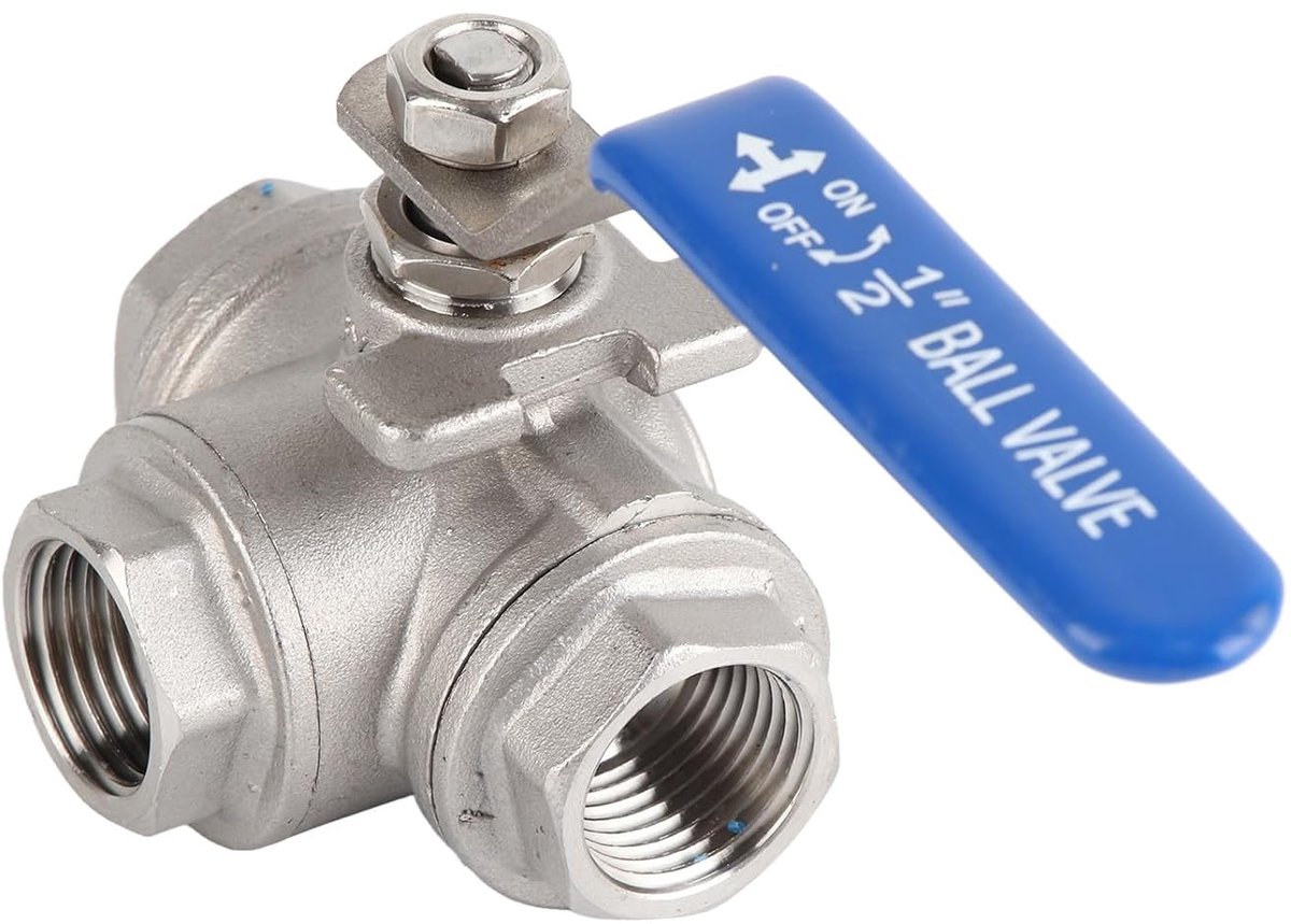SnelShoppen - 1 Stuk 3-Weg Kogelklep, 304 RVS T-Type Vrouwelijke Draad Buis Kogelklep, Messing 1/2" DN15 Bushing, 3-Wegklep met Blauw Hendel, Voor Wat