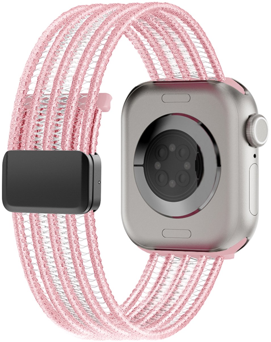 Stravo Nylon Mesh Bandje met Magnetische Sluiting – Geschikt voor Apple Watch 46mm (Series 10/11), 49mm (Ultra 1/2/3), 45mm (Series 7/8/9), 44mm (Series 4/5/6, SE 1/2/3) – Lichtgewicht & Ademend Horlogebandje – Roze