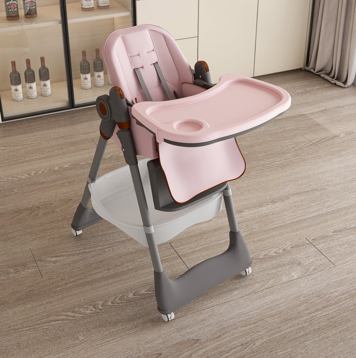 MODENUIT Kinderstoel 53 cm - Verstelbaar en Inklapbaar Met Veiligheidsgordel en Wielen - Voor Eten - Kunststof en Metaal - Roze