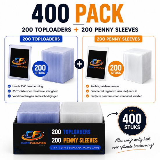 Set van 400, bestaande uit 200 toploaders en 200 penny sleeves. Beide producttypen worden apart getoond met hun kenmerken.