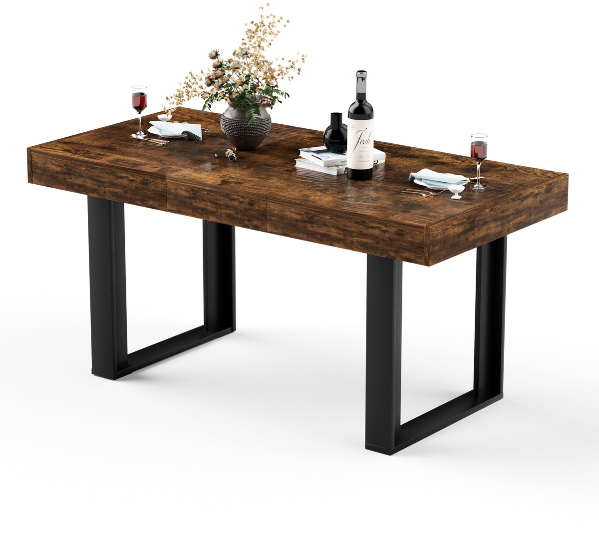FloraGrace Eettafel - Uitschuifbaar Van 120 Tot 160 Cm Voor 8 Personen - Retro Design Voor Keuken En Eetkamer - Hout En Metaal - Bruin Zwart