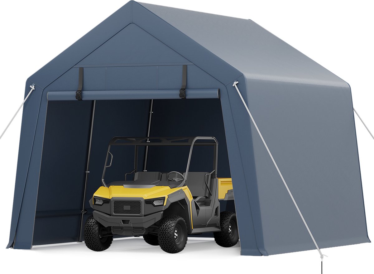 Triumpunpre XXL Carport Dubbele Overkapping 304x304x265 cm - 2-Vaks PE Zeil Tent met Rits Deuren - Weerbestendige Garage Tent Grijs voor 2 Motoren