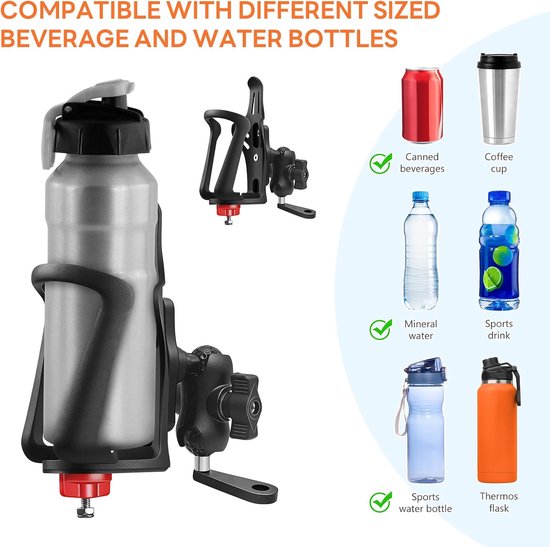 Universele bidonhouder voor fiets motorfiets scooter en kinderfiets / 360° verstelbare drinkfleshouder / snelmontage op stuur en frame / geschikt voor dagelijks gebruik en recreatief rijden / zwarte kunststof en aluminium accessoire — afbeelding 4