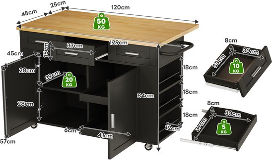 FloraGrace Keukeneiland - Met Uitklapbaar Werkblad En Stopcontact - Met Laden, Opbergruimte En Wielen - MDF - 120x45(70)x84 Cm - Naturel Zwart — afbeelding 4