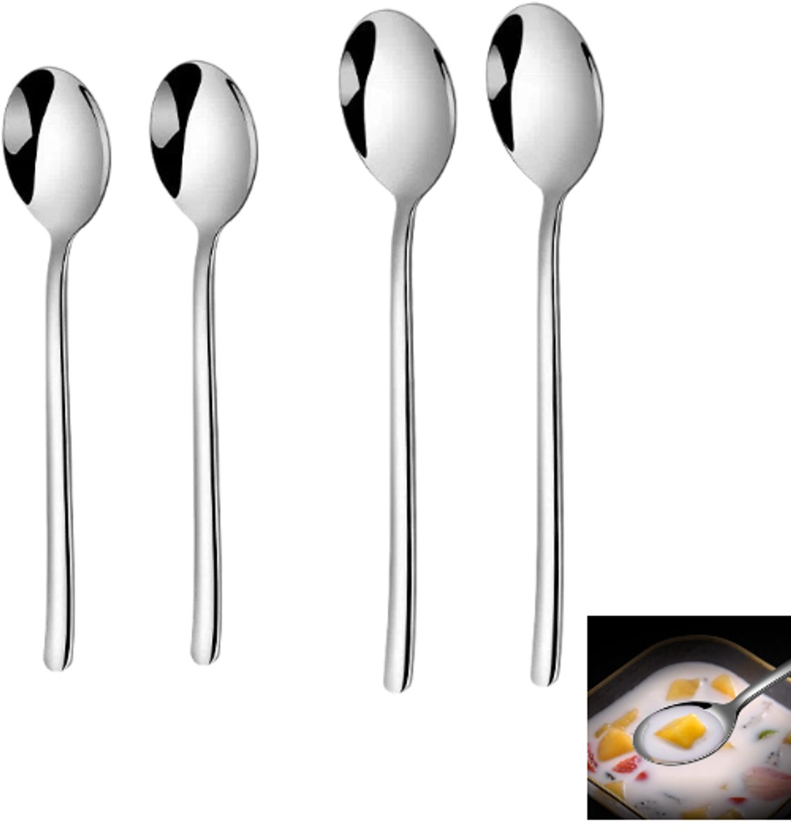 4 stuks - Koffielepel - Roestvrijstalen lepel - Dessertlepel - Bestek - Soeplepel - Zilverkleurig - Grote en middelgrote maten - Geschikt voor thee, desserts, ijs, yoghurt, suiker