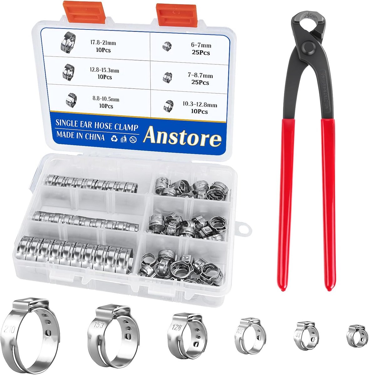 SnelShoppen - 90-delige Slangklemmen Set, Enkelzijdige Slangklemmen 6-21mm, Diverse Maten, Met Sorteringsdoos voor Tuin, Auto en Algemene Toepassingen