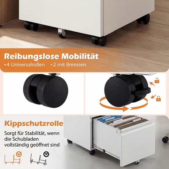 Details van de wieltjes van de archiefkast: 4 universele wieltjes, 2 met rem. Text in beeld: 'Reibungslose Mobilität', 'Kippschutzrolle'.
