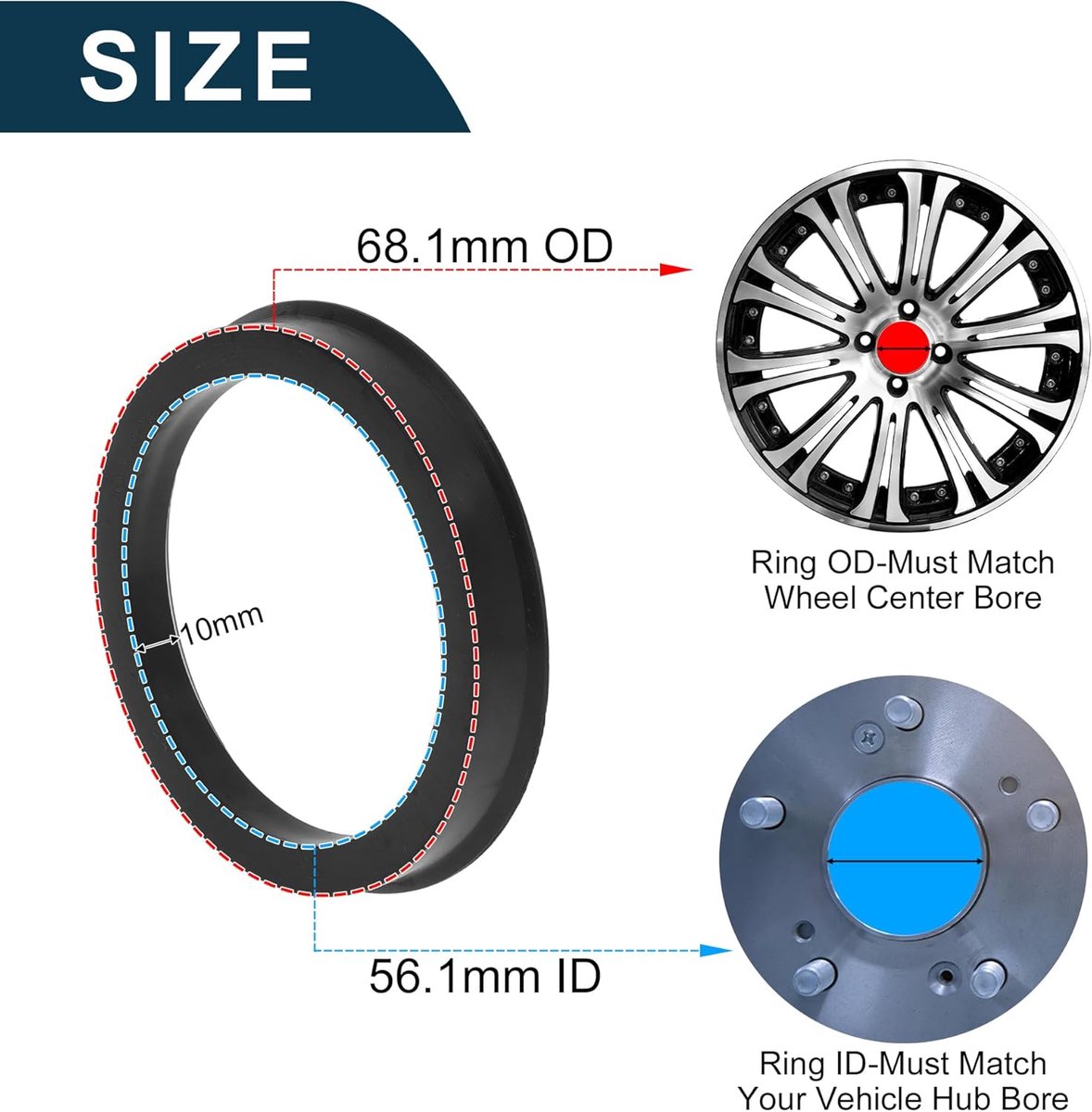 SnelShoppen - 68mm naar 56.1mm Auto Wiel Hub Centraal Ringen Zwart Polycarbonaat Schokabsorberende Adapterringen 4 Stuks