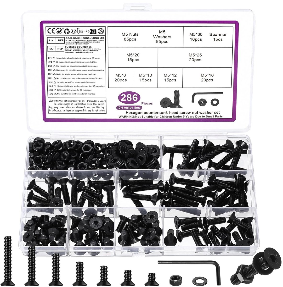 SnelShoppen - 286 Stuks M5 Schroeven Set, M5 Verzinkte Hoofd Schroeven Set, Platte Hoofd Zeskant Moeren en Washers Set, Machine Schroeven met Moeren e