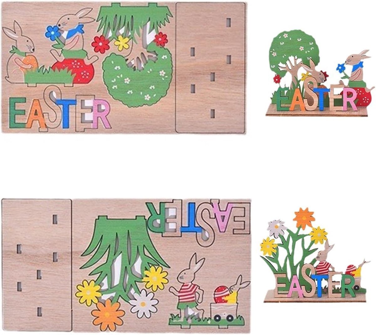 Houten Paaseieren Decoratie 2pcs - Konijn Bloem Decoratie - Leuke Paashaas Figuur voor Tafel - ShopVlot