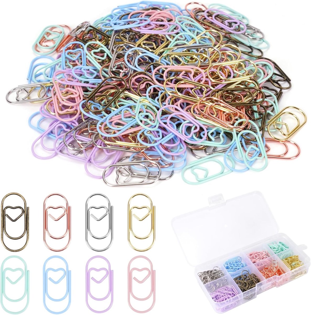 200 stuks hartvormige paperclips, 8 kleuren, kleine metalen paperclips met transparante doos, kleurrijke paperclips - ShopVlot