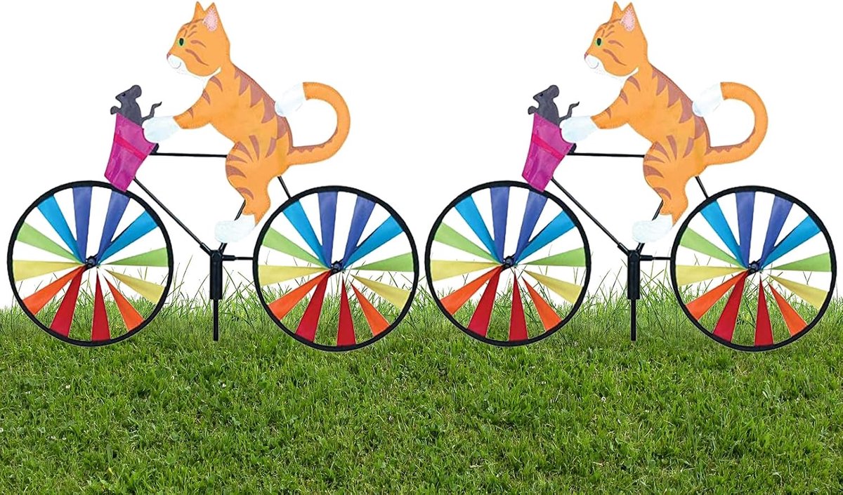 SnelShoppen - Weerbestendige 3D Windmolen Set voor Buiten - 2 Stuks Dierenfiets Windspel voor Honden en Katten - Regenboog Tuinwindmolen (Geel Kat)