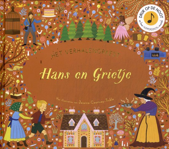 Boek "Hans en Grietje" met illustraties van Jessica Courtney-Tickle. Een heks brengt een taart naar een peperkoekhuisje waar Hans en Grietje staan.