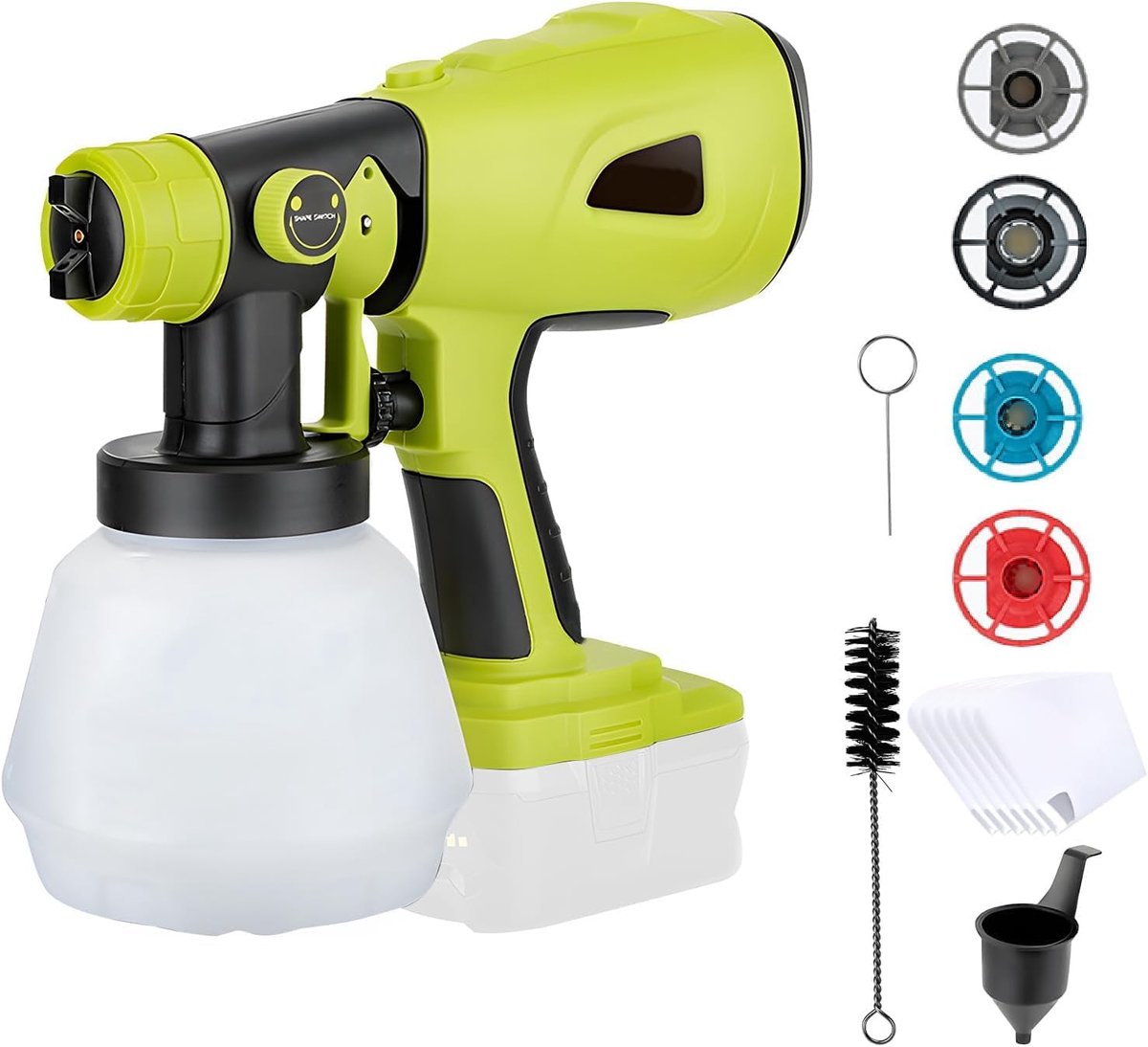 SnelShoppen - Draadloze Verfspuit voor 18V, Elektrische HVLP Handverfspuit met 4 Spuitmondjes, 3 Cartridges, 1000ml Tank voor Meubel, Tuin, Schutting