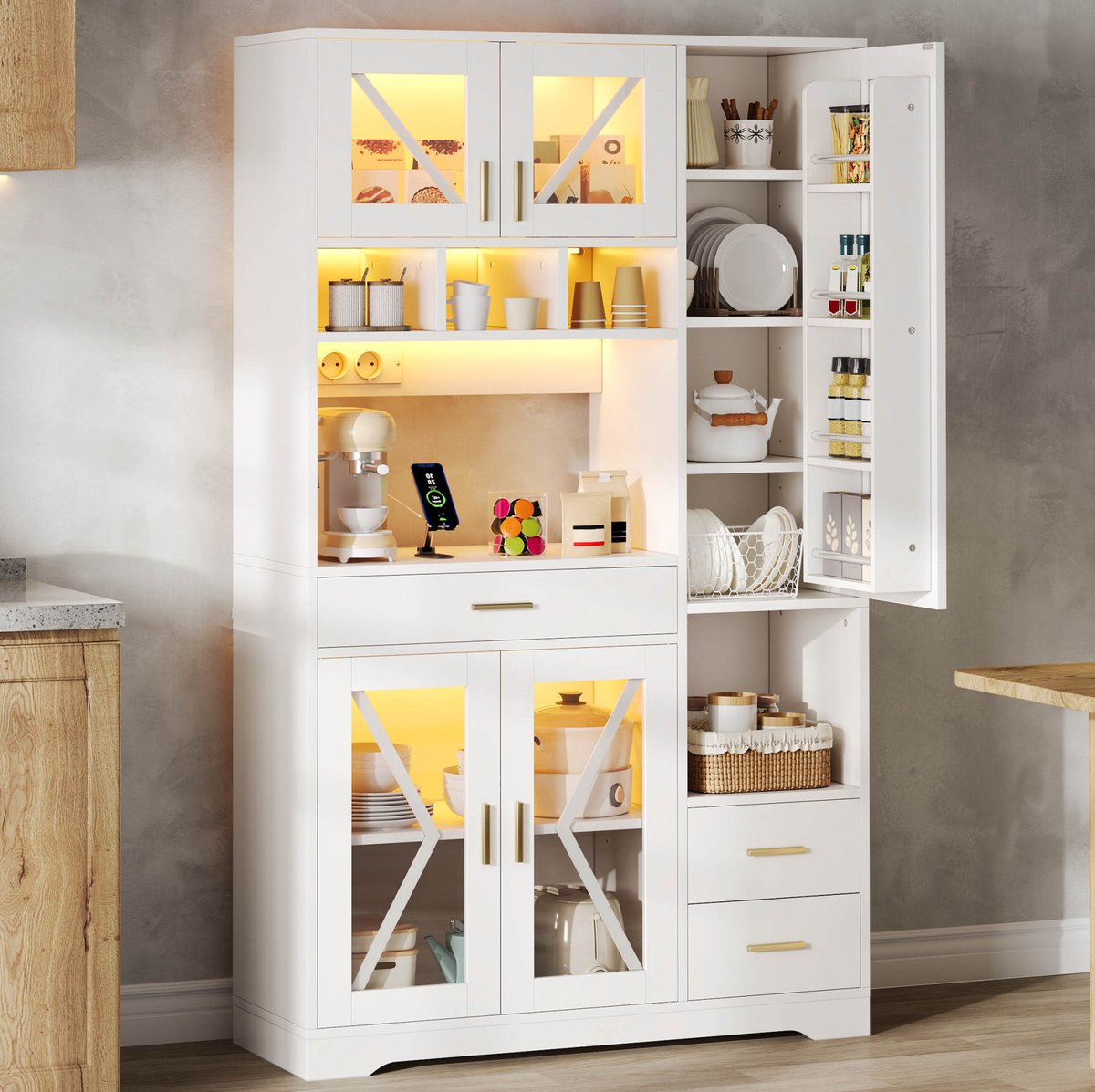 COVREO Keukenkast 105x40x185 cm wit, MDF met LED, lade en stopcontact