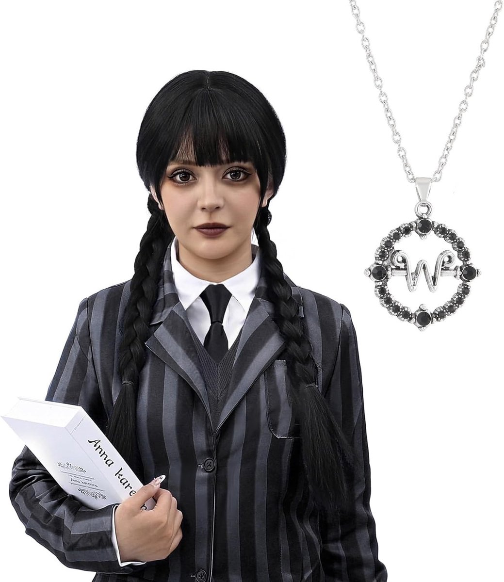 Wednesday Cosplay Perücke met Ketting voor Vrouwen, Zwarte Halloween Perücke met Pony, Vlecht Extensions van Synthetisch Haar voor Kostuum en Carnaval