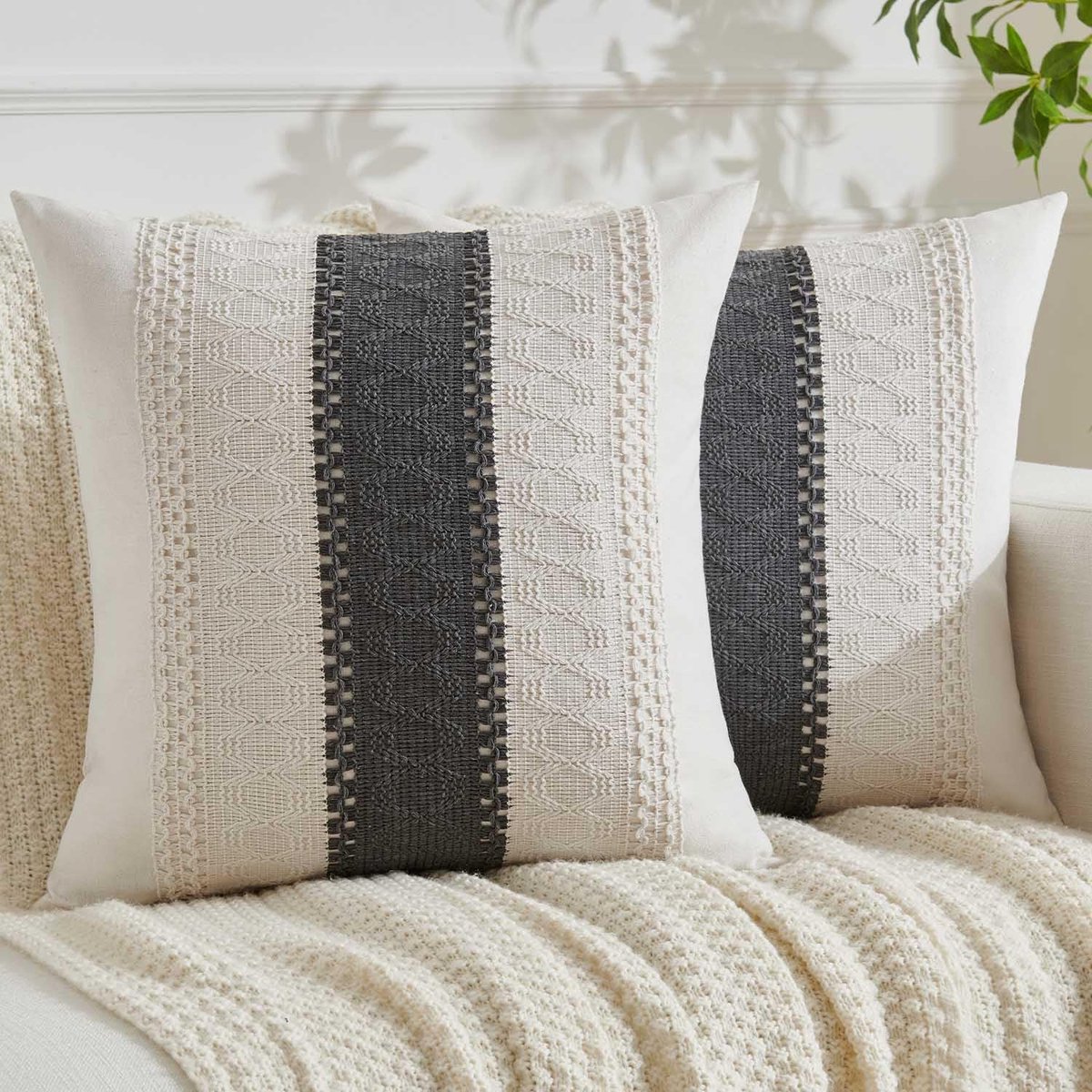 SnelShoppen - Kussensloop 50 x 50 cm, grijs macramé katoen, boho stijl, landelijke kussenhoezen, set van 2 moderne sierkussens voor bank en woonkamer