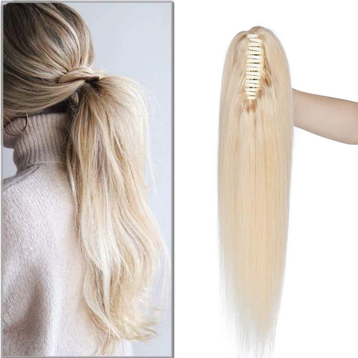 20 inch Ponytail Clip in Human Hair Extensions - 100% Echt Remy Haar, Recht, Platinablond, 120g, Gemakkelijk te Bevestigen, Luxe Haaraccessoire