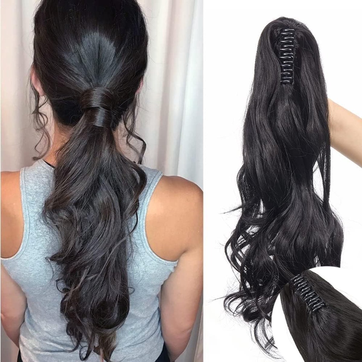 Ponytail Extensions van Matte Material - 18 Inch Wavy Clip-in Haarstuk voor Natuurlijk Zwart Haar, Perfect voor Volumineuze Stijlen en Gemakkelijk in Gebruik