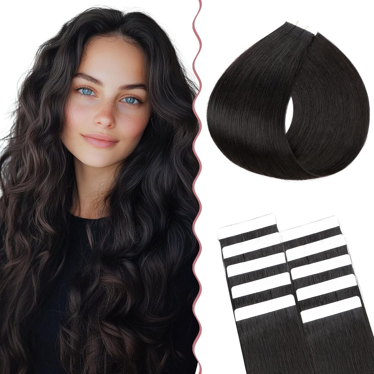 Tape-in Extensions van Echte Haar, Skin Weft Haarstuk, 100% Remy Haar, 15 g, 10 Stuks, 35 cm, #1B, Perfect voor Volumineus Haar en Natuurlijke Look