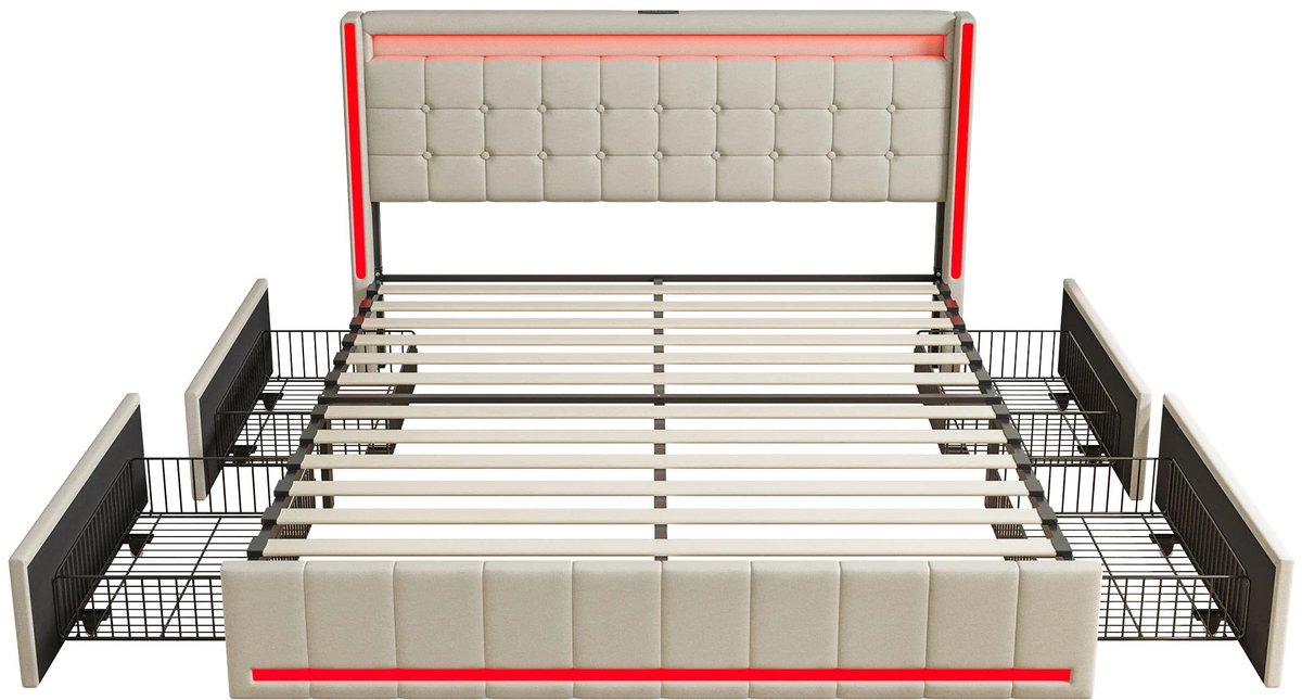 Gestoffeerd Bed 160 X 200 Cm Beige - met LED Verlichting, Opberglades, Opbergruimte, Lades