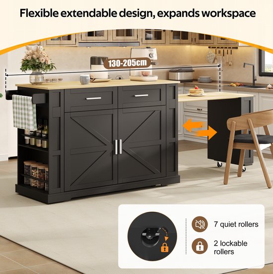 COVREO Keukeneiland 130x50x93 cm zwart naturel, MDF met uitschuifbaar blad — afbeelding 3
