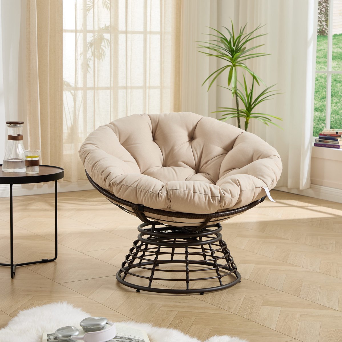 MODENUIT Fauteuil 92 x 67 cm - 360° Draaibaar Voor Woonkamer En Slaapkamer - Rotan En Metaal - Beige