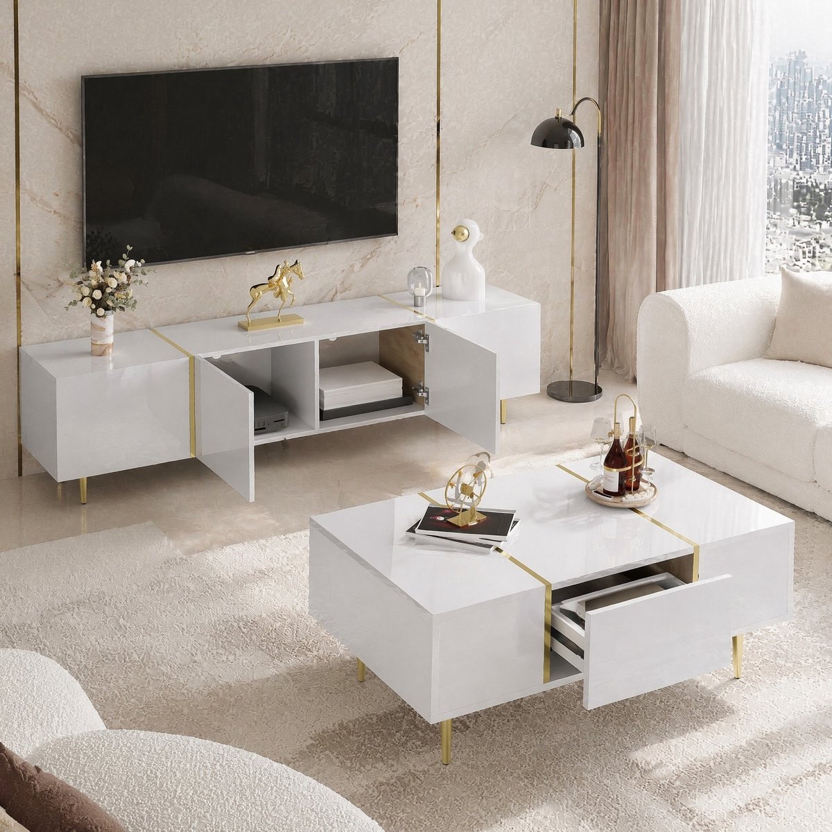 COVREO TV-meubel 170x35x46 cm wit, MDF met 4 deuren en salontafel