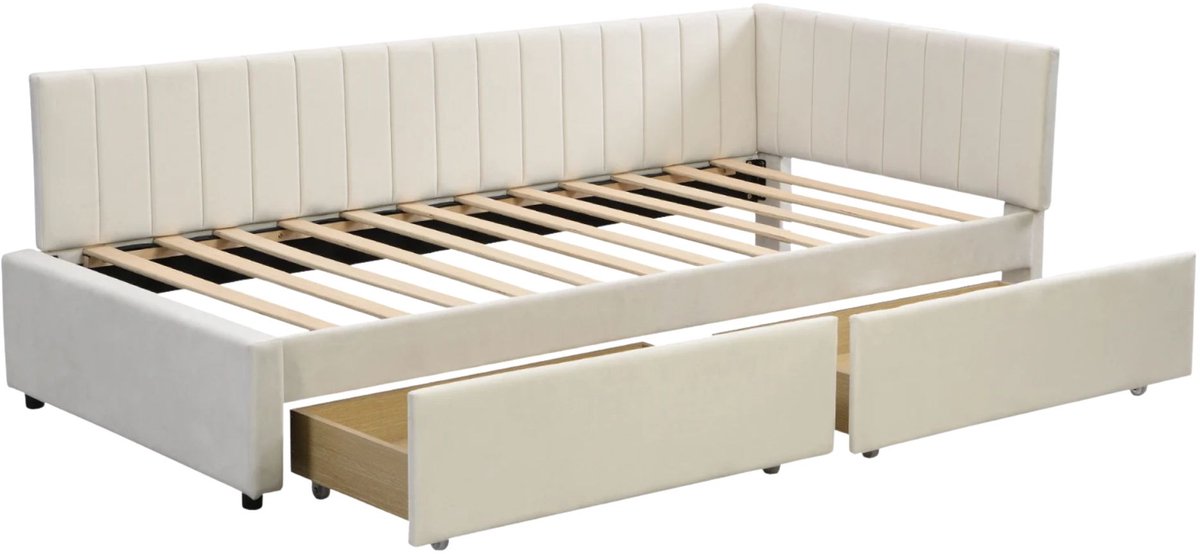 Happiq Slaapbank 200x90 cm Wit – Uitschuifbaar Bed met Lattenbodem Beige
