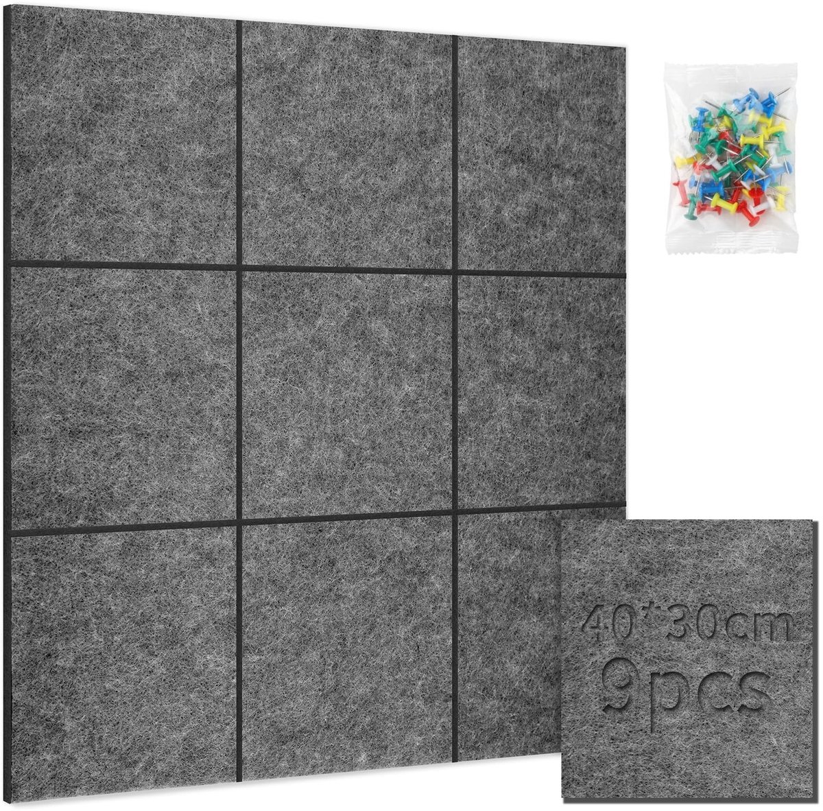 Omgoods - Decoratief Bulletin Board 9-delig 40 x 30 cm met 50 Pin Needles - Grijs voor Kantoor en School