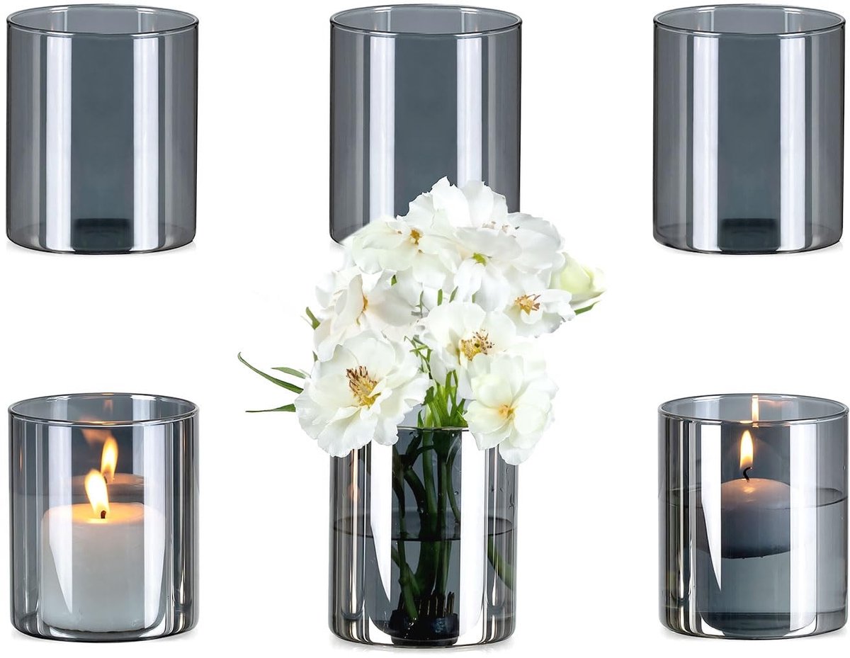 Omgoods - Set van 3 Grijze Glazen Bloemenvazen Cilindrisch voor Binnen
