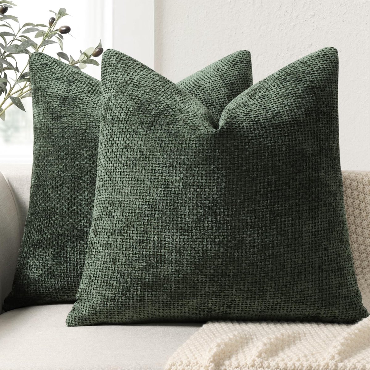 Omgoods - Set van 2 Chenille Kussenhoezen 45 x 45 cm Donkergroen