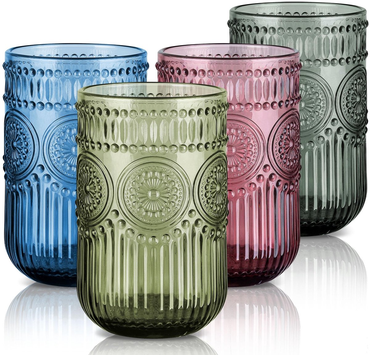 Omgoods- Drinkglazen Set van 4 - 410ml/14oz - Gekleurd Loodvrij Glas - Vintage Reliëf Bloemmotief - Vaatwasmachinebestendig - Duurzaam Glas - Waterglazen