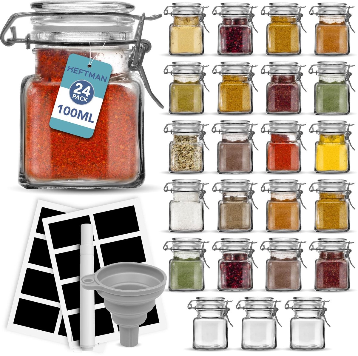 Omgoods - Set van 24 Glazen Kruidenpotjes met Deksels en Etiketten