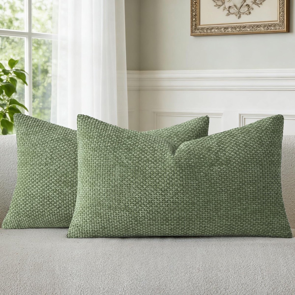 Omgoods - Set van 2 Chenille Kussenslopen Groen 30 x 50 cm Wasbaar en Zacht