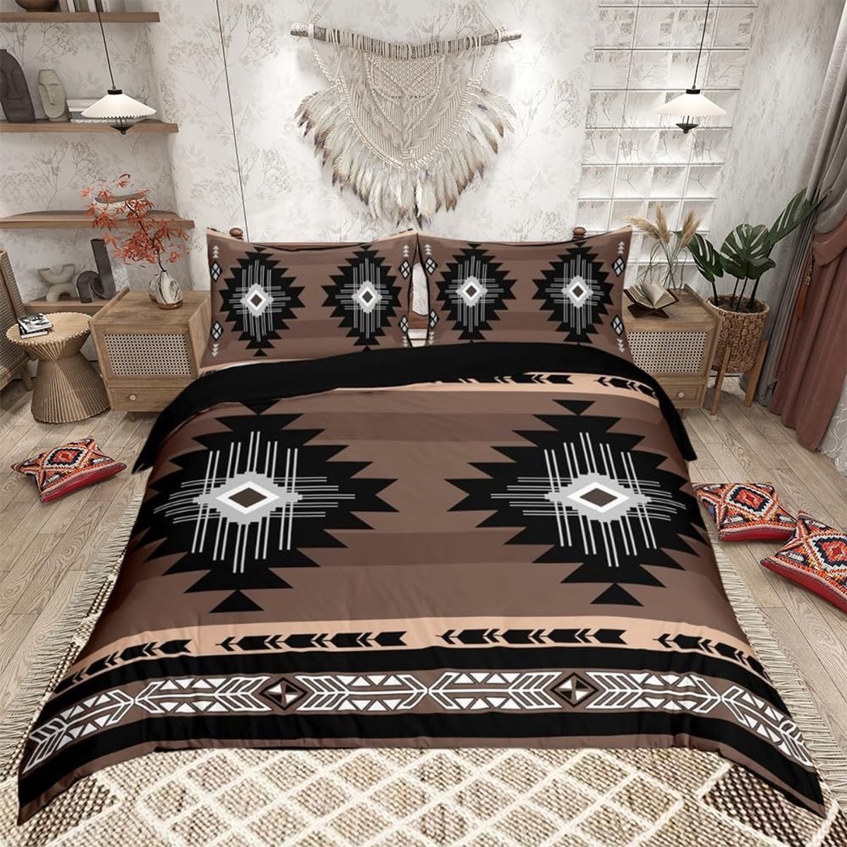 Omgoods - Boho Dekbedovertrek Set - Dubbele Afmeting met Azteeks Design in Donkergrijs