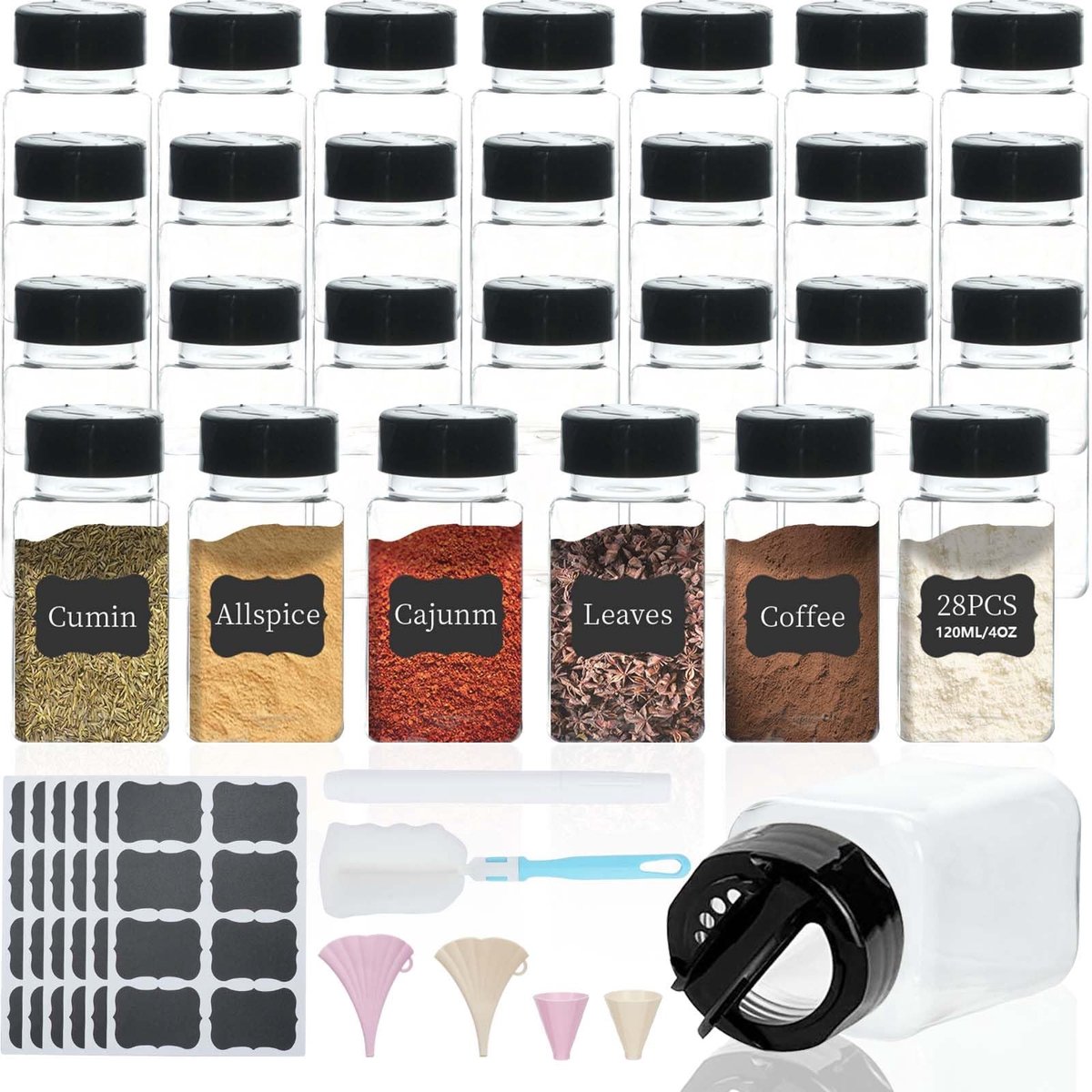 Omgoods - Set van 28 Plastic Specerijpotjes met Labels en Accessoires