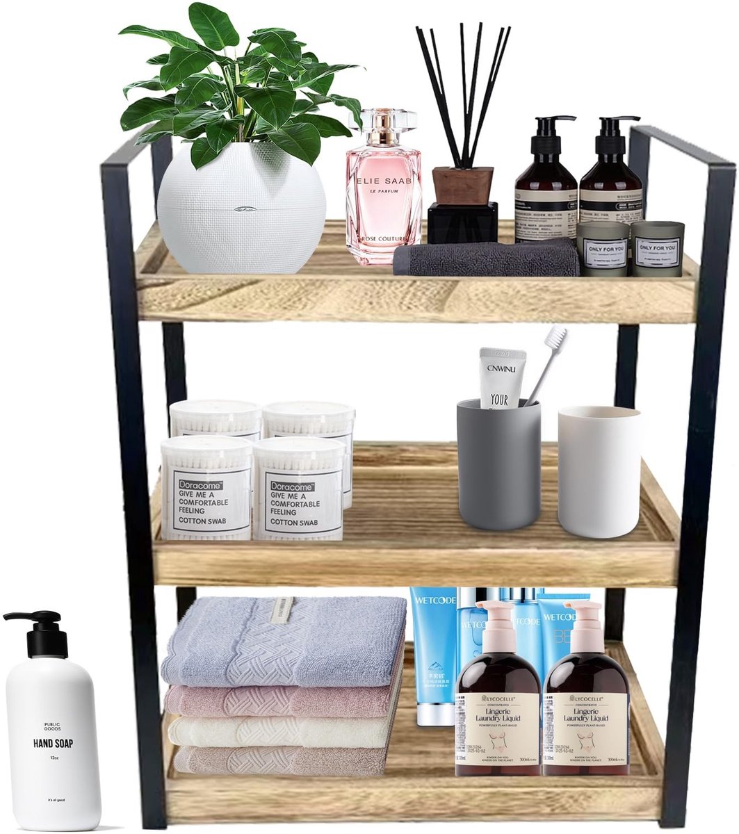 Omgoods - 3-laags Staande Plank - Badkamer Organizer met Houten Plank en Zwart Metaal